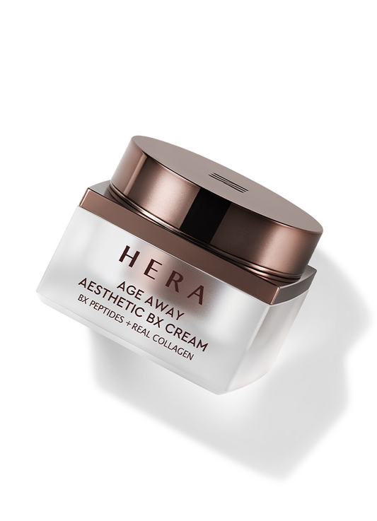 A 50ml jar of Hera Age Away Aesthetic BX Cream, an anti-aging facial moisturizer.