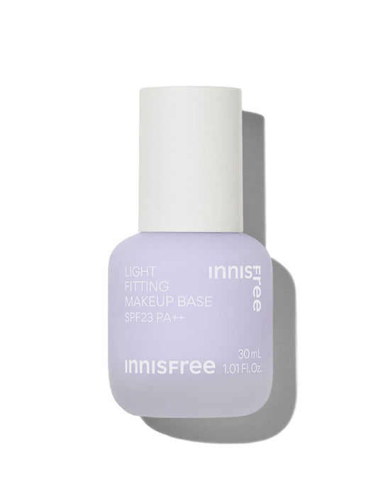 Innisfree Light Fitting Makeup Base, 30ml, Purple.  This is a lightweight, purple-coloured makeup primer with SPF 23 PA++ sun protection.  It creates a smooth canvas for makeup application and helps even skin tone.