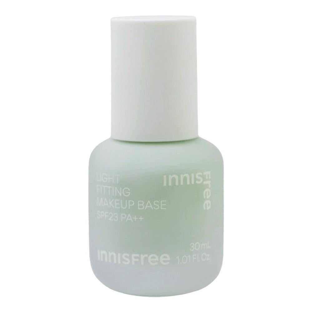 Innisfree Light Fitting Makeup Base SPF 23 PA++ (Green), 30ml bottle. Green-coloured makeup primer for a smooth, even skin tone. Provides SPF 23 sun protection.