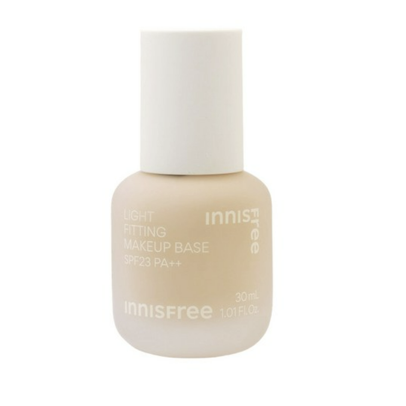 Innisfree Light Fitting Makeup Base, a 30ml, peach-coloured, lightweight primer with SPF 23 PA++ sun protection. This makeup base helps create a smooth, even canvas for flawless makeup application.