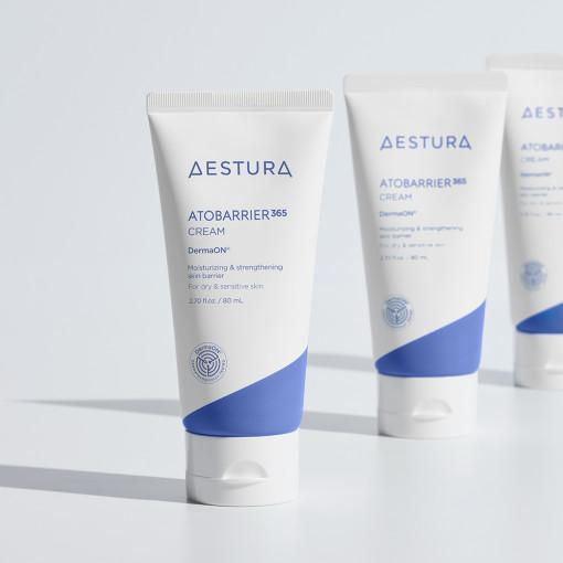 Multiple white tube of Aestura Atobarrier 365 Cream, a lightweight, deeply moisturizing facial cream formulated to strengthen the skin's moisture barrier and prevent dryness. This 80ml tube contains visible encapsulated beads for long-lasting hydration.