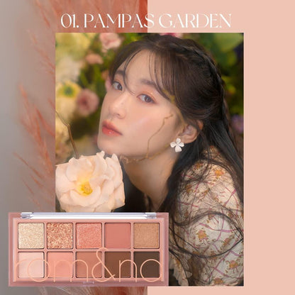 ROMAND Better Than Palette eyeshadow palette in #01 Pampas Garden, featuring ten warm-toned shades in matte and shimmer finishes for creating spring-like eye looks.