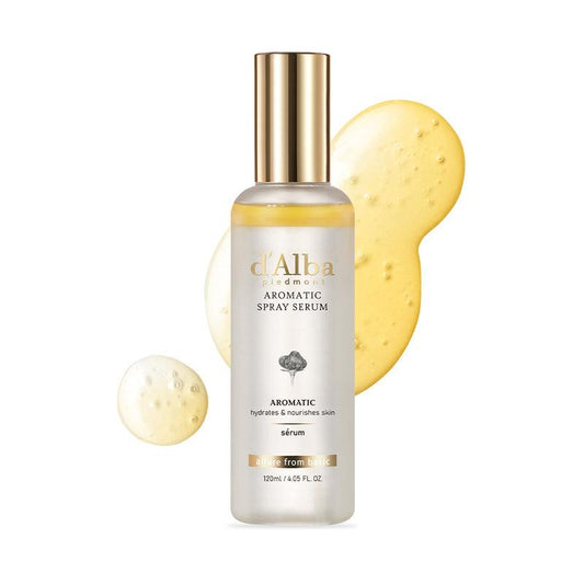 120ml bottle of d'Alba White Truffle First Aromatic Spray Serum, a vegan facial mist containing white truffles for deep hydration and improved firmness.