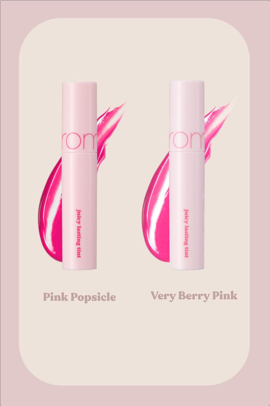 Romand Juicy Lasting Tint in Summer Pink, a 5.5g lip tint for a long-lasting, glossy summer lip look.