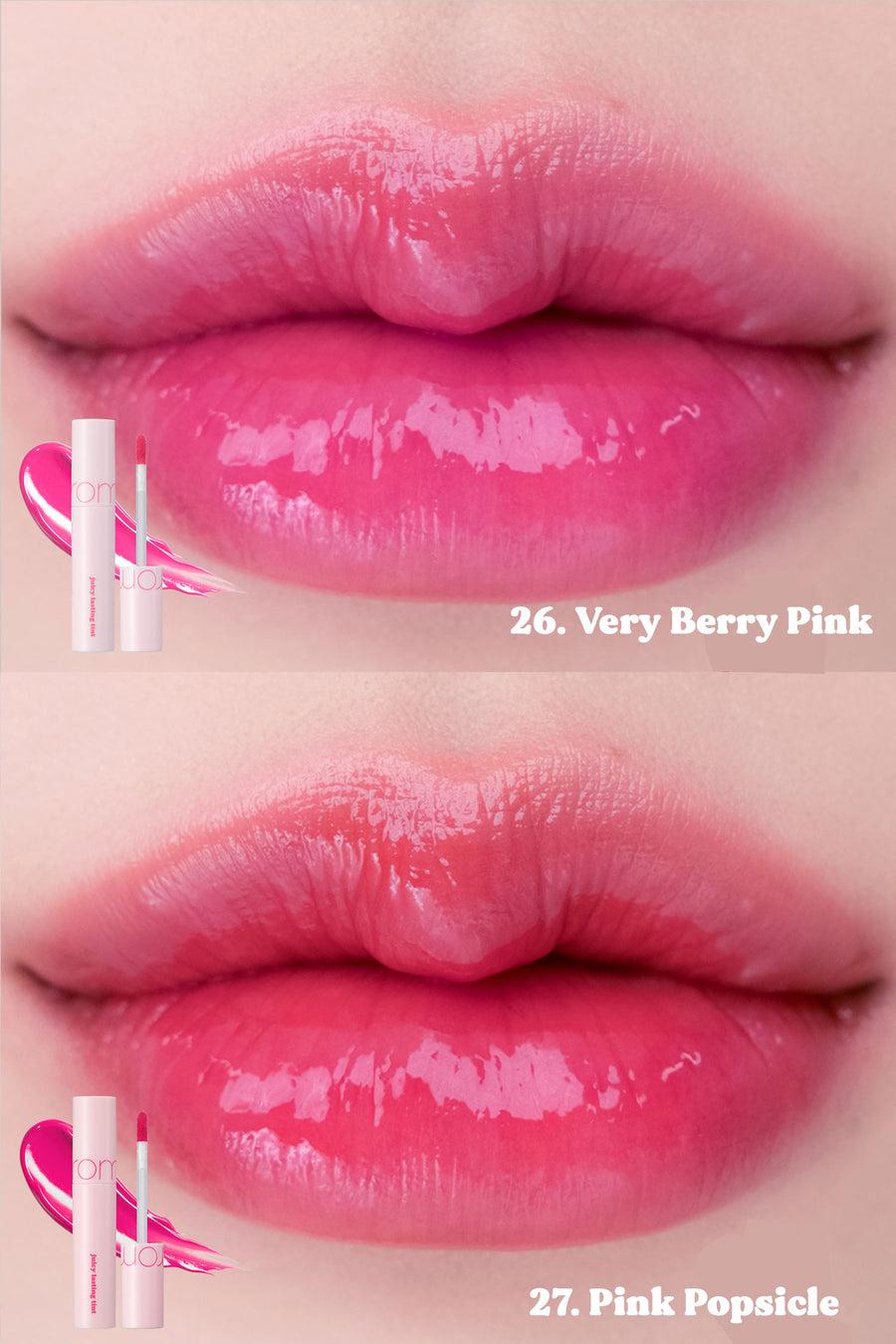 Romand Juicy Lasting Tint in Summer Pink, a 5.5g lip tint for a long-lasting, glossy summer lip look.