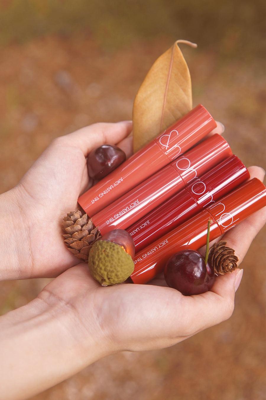 Romand Juicy Lasting Tint in Autumn Collection. A 5.5g long-lasting lip tint with a juicy formula in fall colors.