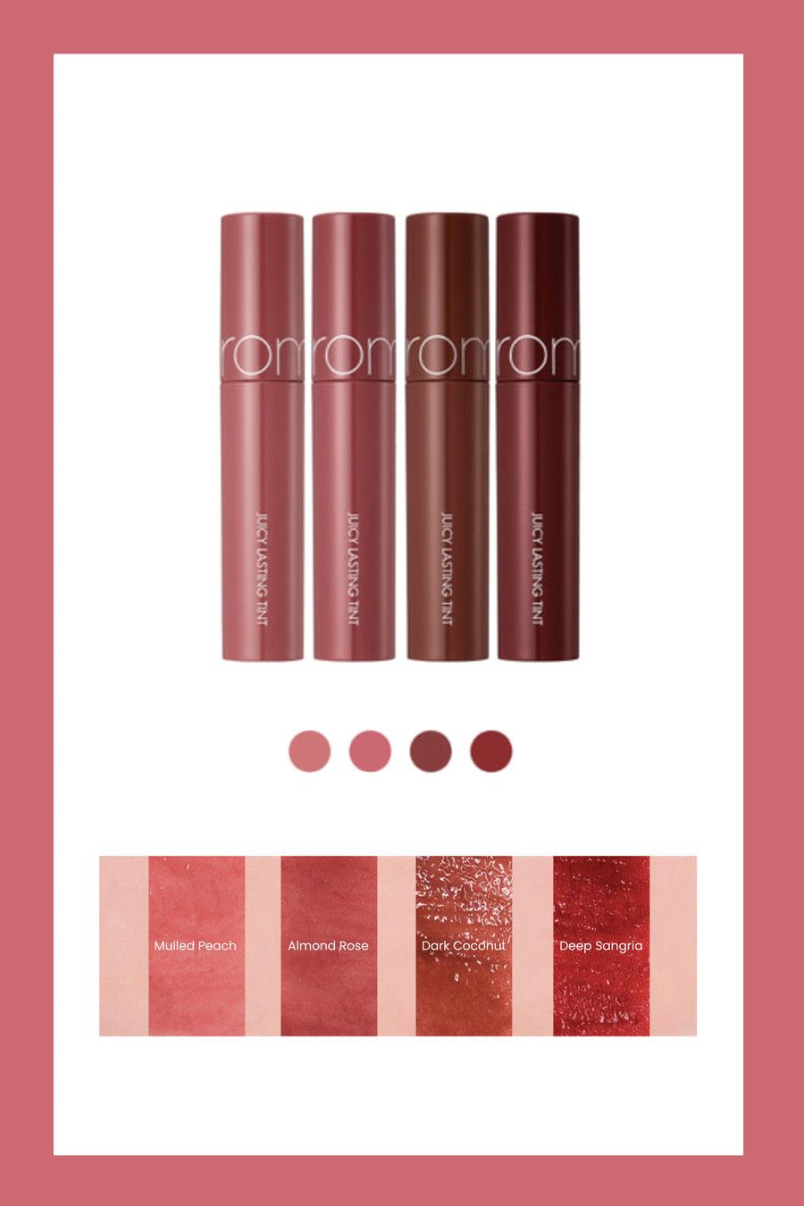 Romand Juicy Lasting Tint, a 5.5g lip tint with a clear, syrupy finish in a shade inspired by ripe autumn fruits.