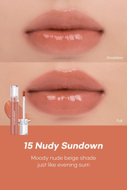 Romand Glasting Water Tint #Sunset, a lightweight, glossy lip tint for a natural flush of color.