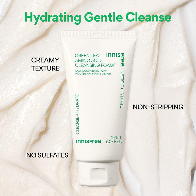 150ml tube of Innisfree Green Tea Amino Acid Cleansing Foam, a gentle face wash with green tea extract and amino acids.