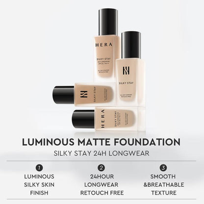 A bottle of Hera Silky Stay Foundation in shade 13N1 Porcelain. It is a liquid foundation with a silky texture, offering 24-hour longwear and PA++ sun protection.