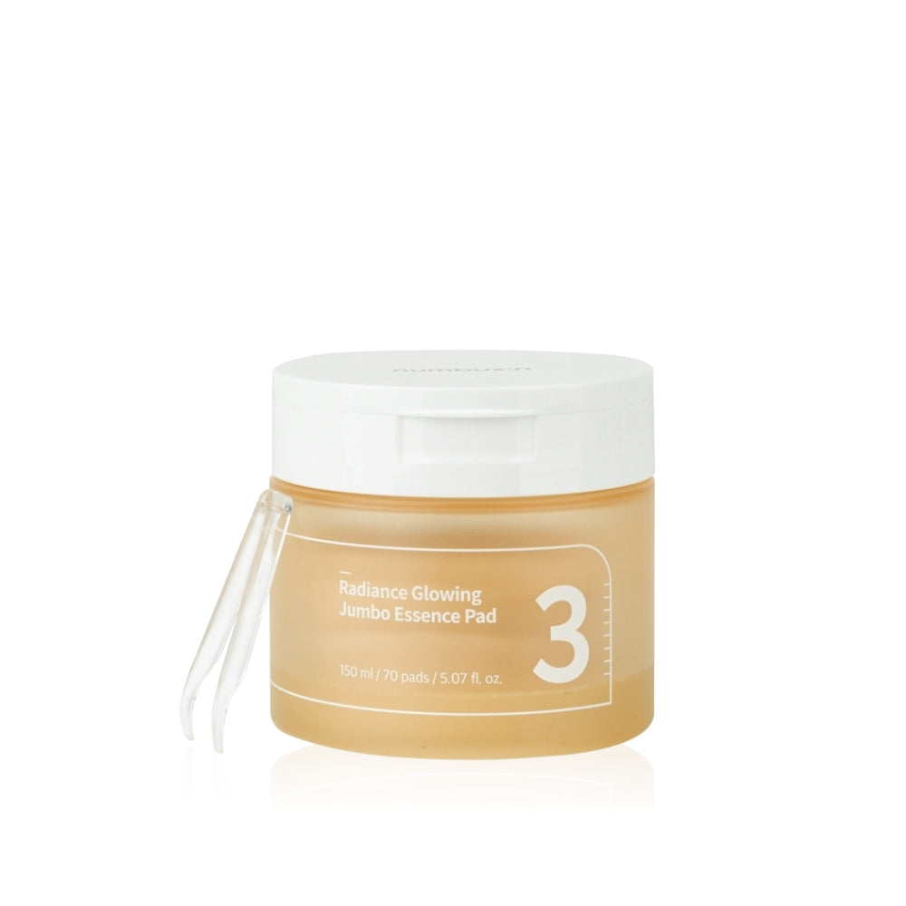 A jar of Numbuzin No. 3 Radiance Glowing Jumbo Essence Pads, containing 70 pre-soaked pads in 150ml of essence for brightening and hydrating skin.