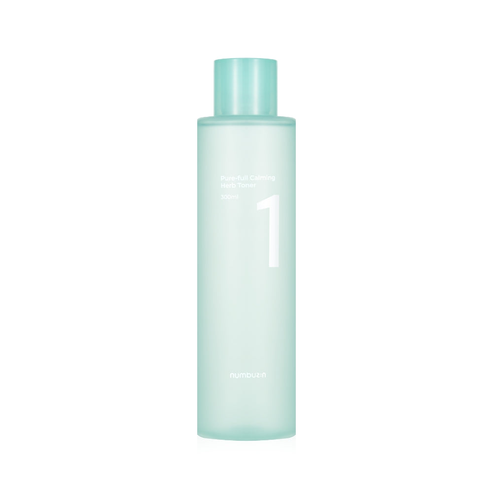 300ml bottle of Numbuzin No.1 Pure-Full Calming Herb Toner, a lightweight, herbal toner for calming irritated skin.