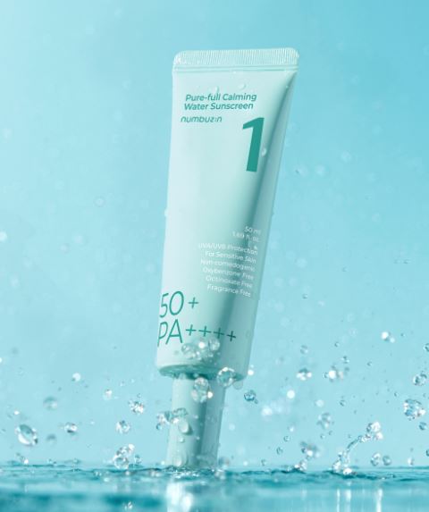 Numbuzin No. 1 Pure-Full Calming Water Sunscreen, a hydrating sunscreen formulated for sensitive skin with SPF 50+ PA++++ protection.