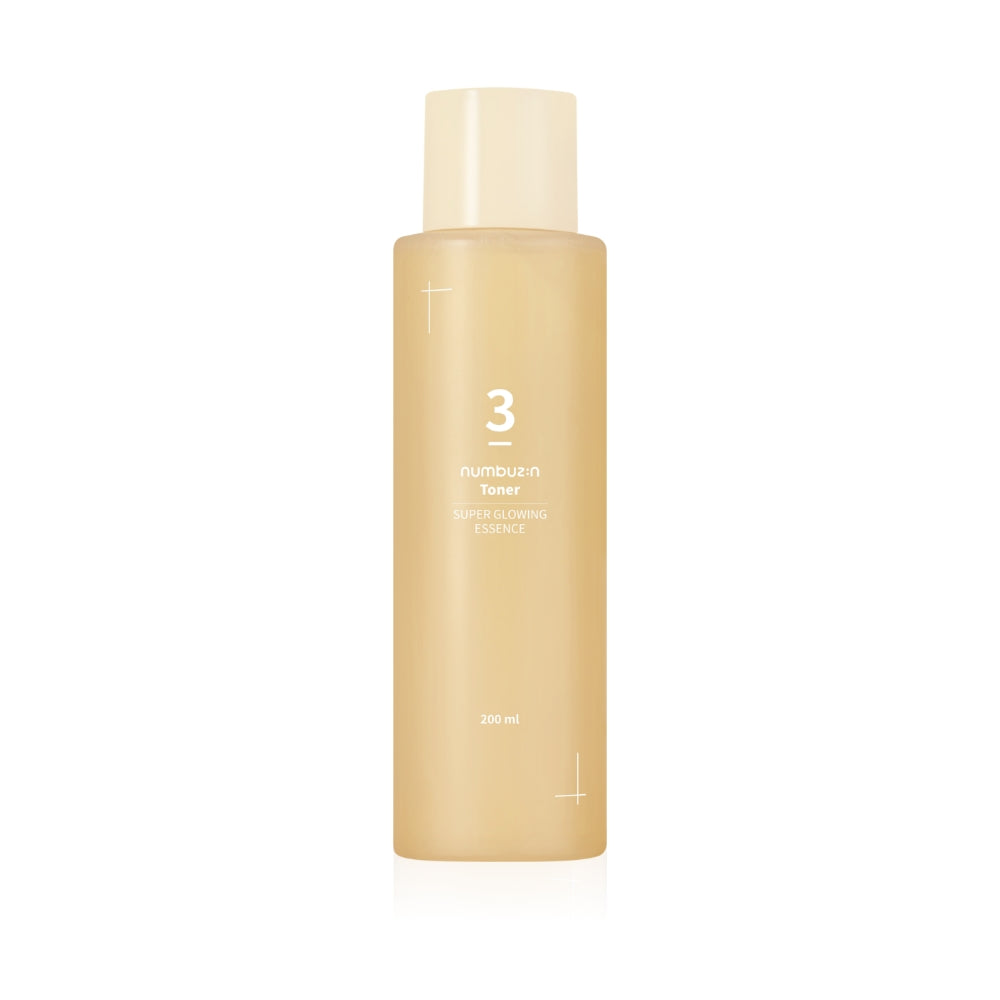 200ml bottle of Numbuzin No. 3 Super Glowing Essence Toner, a Korean skincare product for improving skin texture and tone.