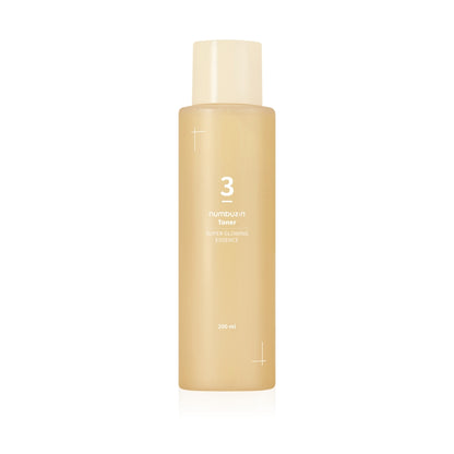 200ml bottle of Numbuzin No. 3 Super Glowing Essence Toner, a Korean skincare product for improving skin texture and tone.