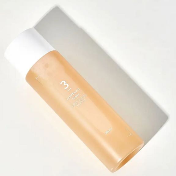 200ml bottle of Numbuzin No. 3 Super Glowing Essence Toner, a Korean skincare product for improving skin texture and tone.