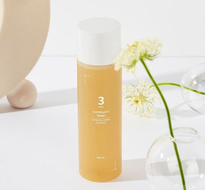 200ml bottle of Numbuzin No. 3 Super Glowing Essence Toner, a Korean skincare product for improving skin texture and tone.