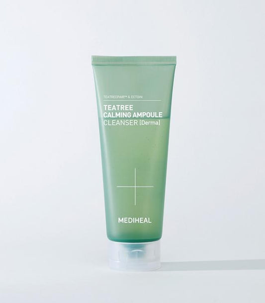 A green bottle of [Mediheal] Tea Tree Calming Ampoule Cleanser 200ml on a white background.