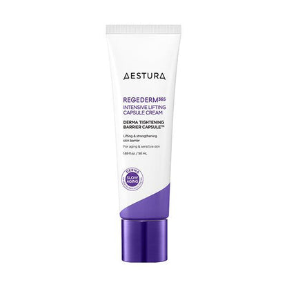 Aestura Regederm 365 Intensive Lifting Capsule Cream, a skincare product for reducing wrinkles and improving elasticity on sensitive skin.