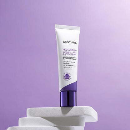 Aestura Regederm 365 Intensive Lifting Capsule Cream, a skincare product for reducing wrinkles and improving elasticity on sensitive skin.