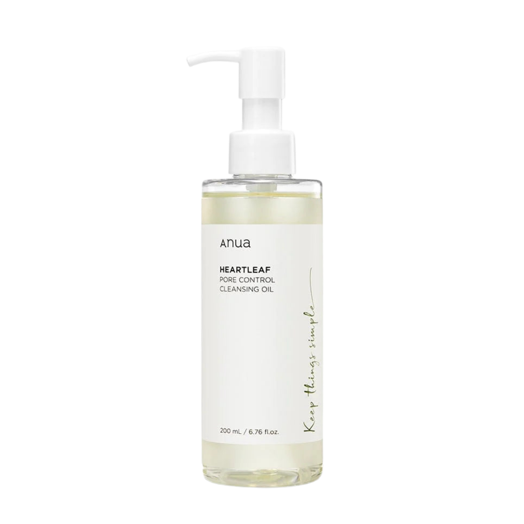 A 200ml bottle of [Anua] Heartleaf Pore Control Cleansing Oil, featuring a minimalist design with a white label and black text. The bottle is transparent, showing the light-colored cleansing oil inside.