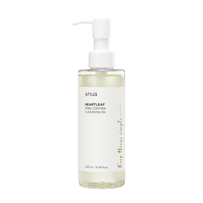 A 200ml bottle of [Anua] Heartleaf Pore Control Cleansing Oil, featuring a minimalist design with a white label and black text. The bottle is transparent, showing the light-colored cleansing oil inside.