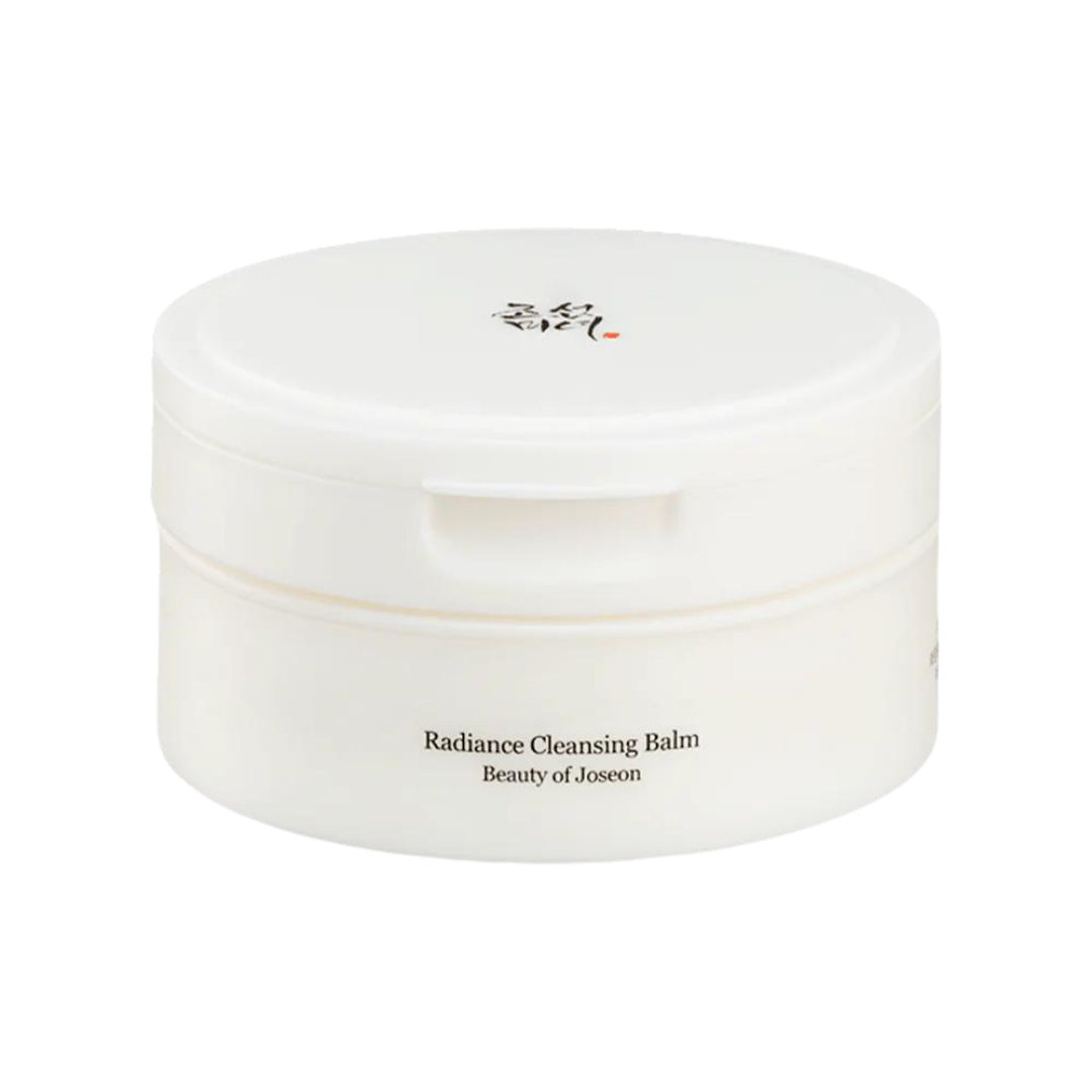 100ml tub of Beauty of Joseon Radiance Cleansing Balm, a sherbet-like balm that melts away makeup and impurities against a white flowy backdrop