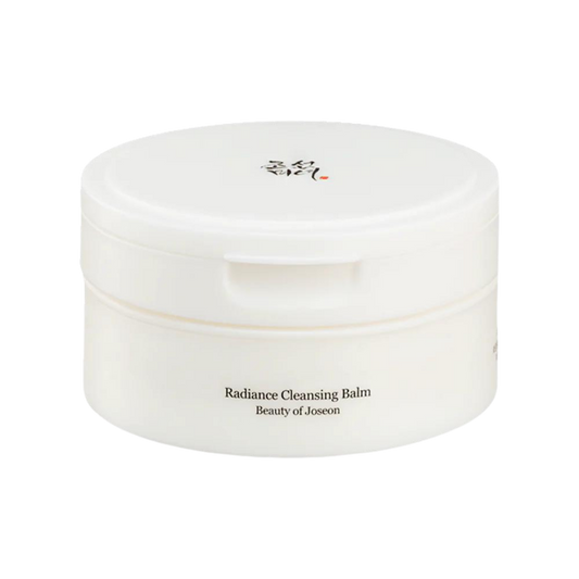 100ml tub of Beauty of Joseon Radiance Cleansing Balm, a sherbet-like balm that melts away makeup and impurities against a white flowy backdrop