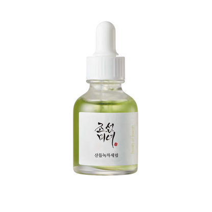 Beauty of Joseon Calming Serum, a lightweight, green tea-based serum for hydrating and soothing irritated skin. Serum is in a small bottle against a flowy white background