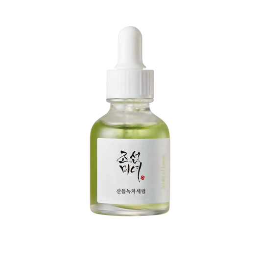 Beauty of Joseon Calming Serum, a lightweight, green tea-based serum for hydrating and soothing irritated skin. Serum is in a small bottle against a flowy white background