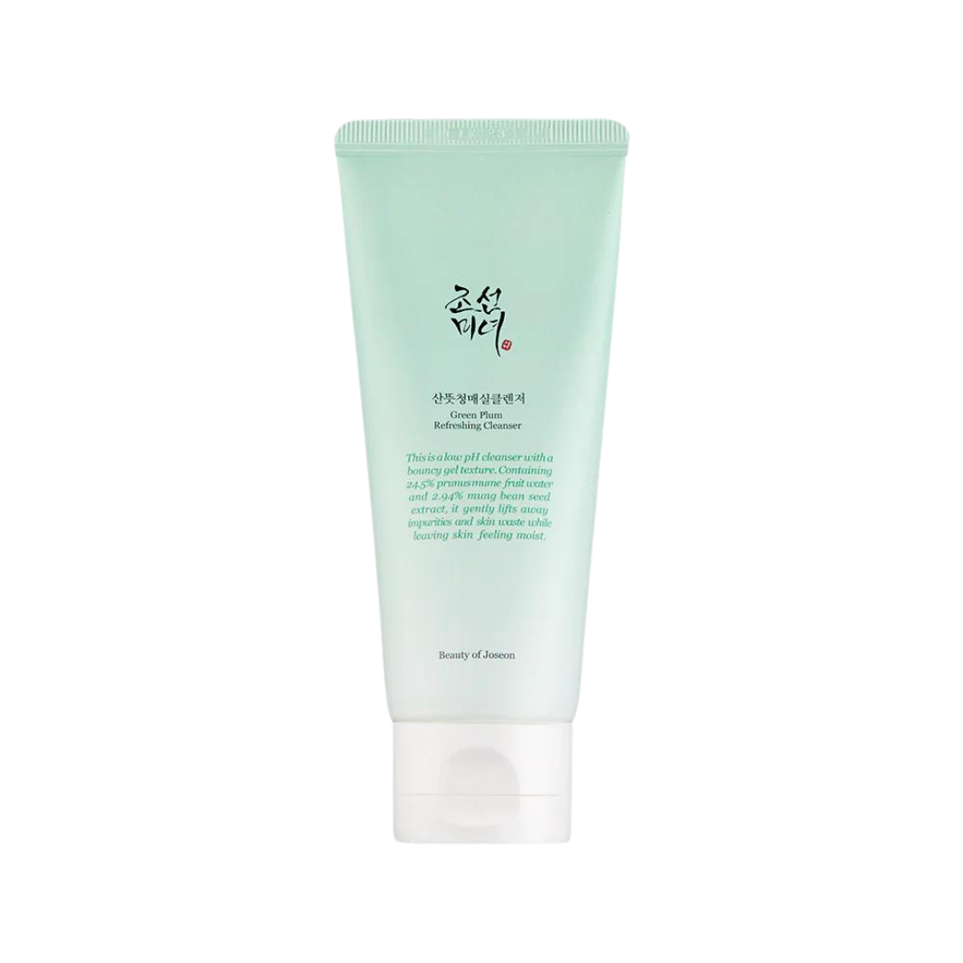 100ml green tube of Beauty of Joseon Green Plum Refreshing Cleanser, a lightweight gel cleanser with green plum and mung bean for gentle cleansing and hydration against a white flowy backdrop