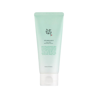 100ml green tube of Beauty of Joseon Green Plum Refreshing Cleanser, a lightweight gel cleanser with green plum and mung bean for gentle cleansing and hydration against a white flowy backdrop