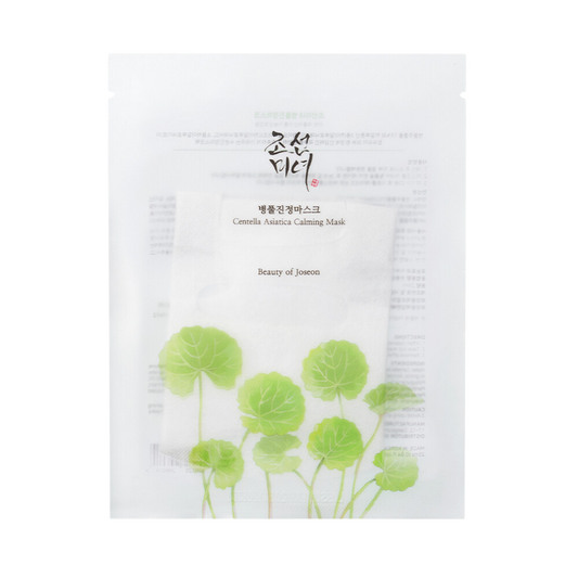 Beauty of Joseon Centella Asiatica Calming Mask, a single-use facial masks to soothe and moisturize skin against a white flowy backdrop