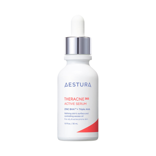 30ml white and red bottle of Aestura Theracne365 Active Serum on a white background, suitable for oily or acne-prone skin types.