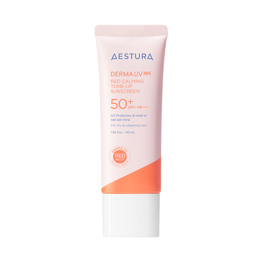 40ml pink tube of Aestura Derma UV365 Red Calming Tone-Up Sunscreen, fragrance-free, mineral and chemical sunscreen for sensitive skin with redness