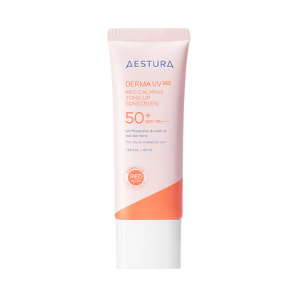 40ml pink tube of Aestura Derma UV365 Red Calming Tone-Up Sunscreen, fragrance-free, mineral and chemical sunscreen for sensitive skin with redness