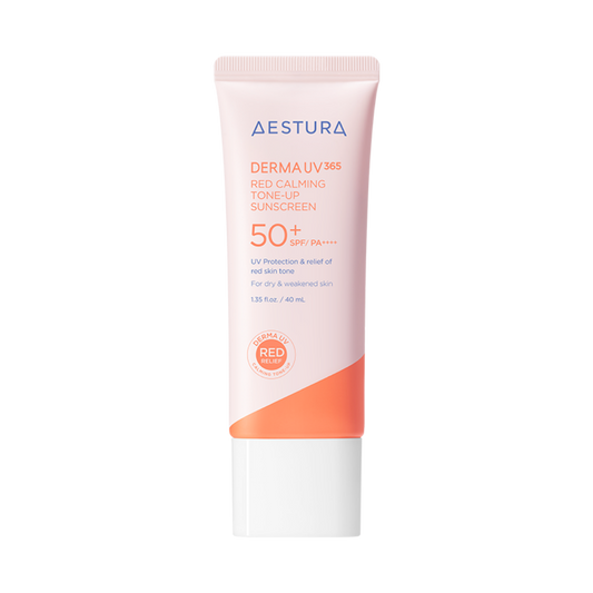 40ml pink tube of Aestura Derma UV365 Red Calming Tone-Up Sunscreen, fragrance-free, mineral and chemical sunscreen for sensitive skin with redness