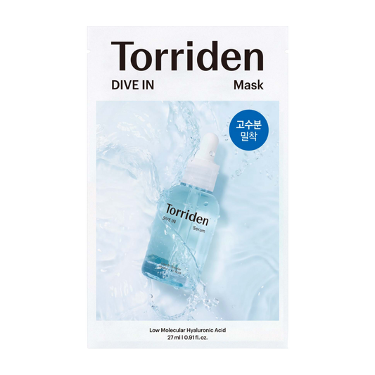 10-pack of Torriden DIVE IN Low Molecular Hyaluronic Acid Mask Sheets for intensive hydration.