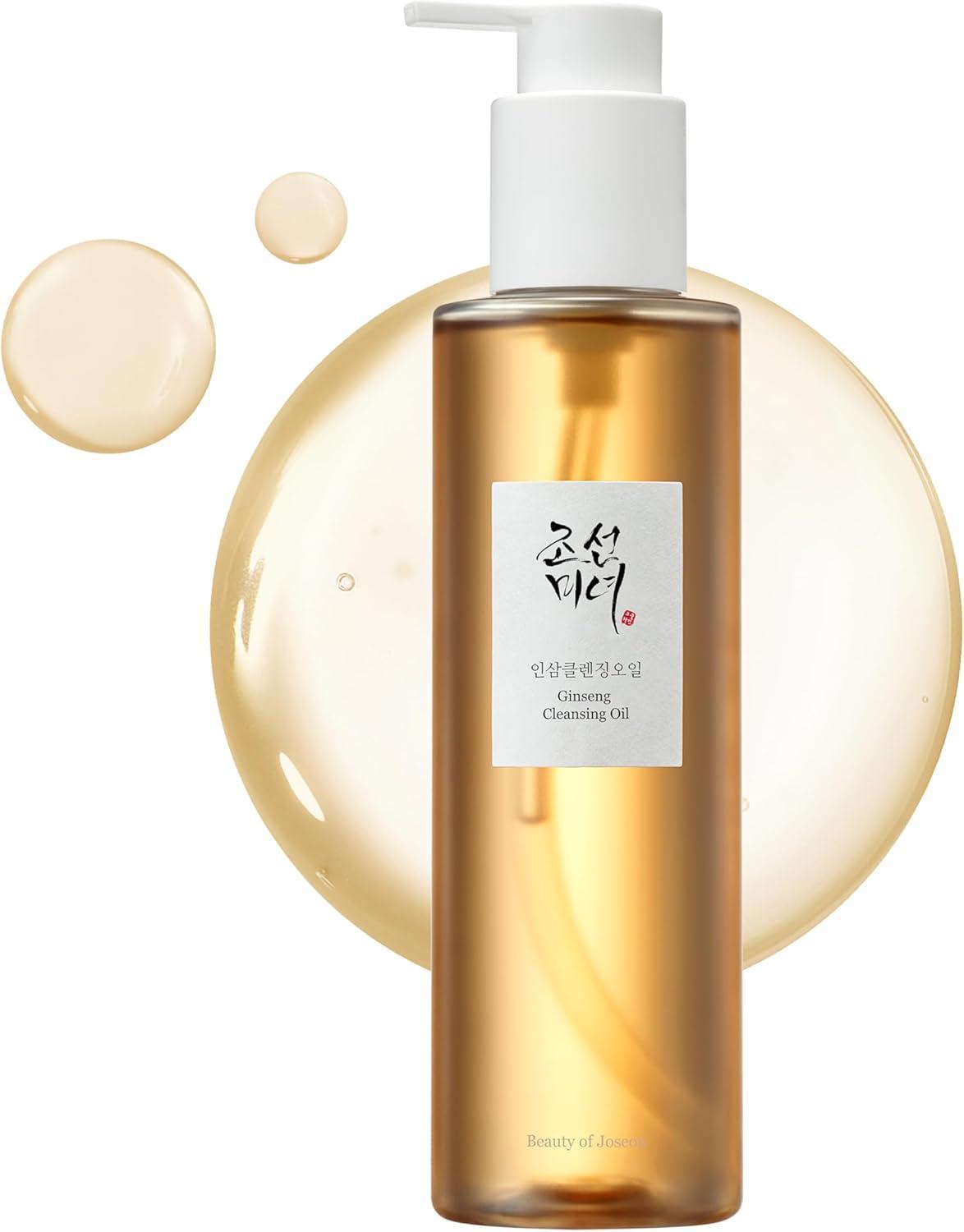 210ml bottle of Beauty of Joseon Ginseng Cleansing Oil, a Korean skincare oil cleanser for dissolving makeup and impurities against a white flowy backdrop