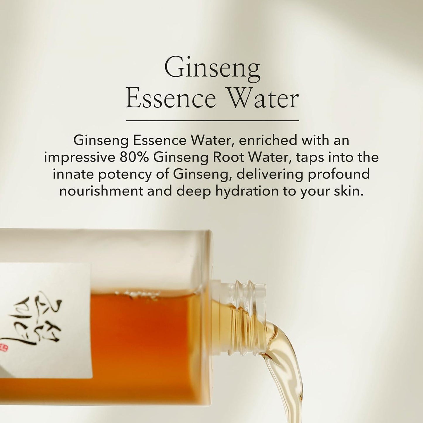 150ml bottle of Beauty of Joseon Ginseng Essence Water, a Korean skincare product with ginseng root extract, up against a flowy white background