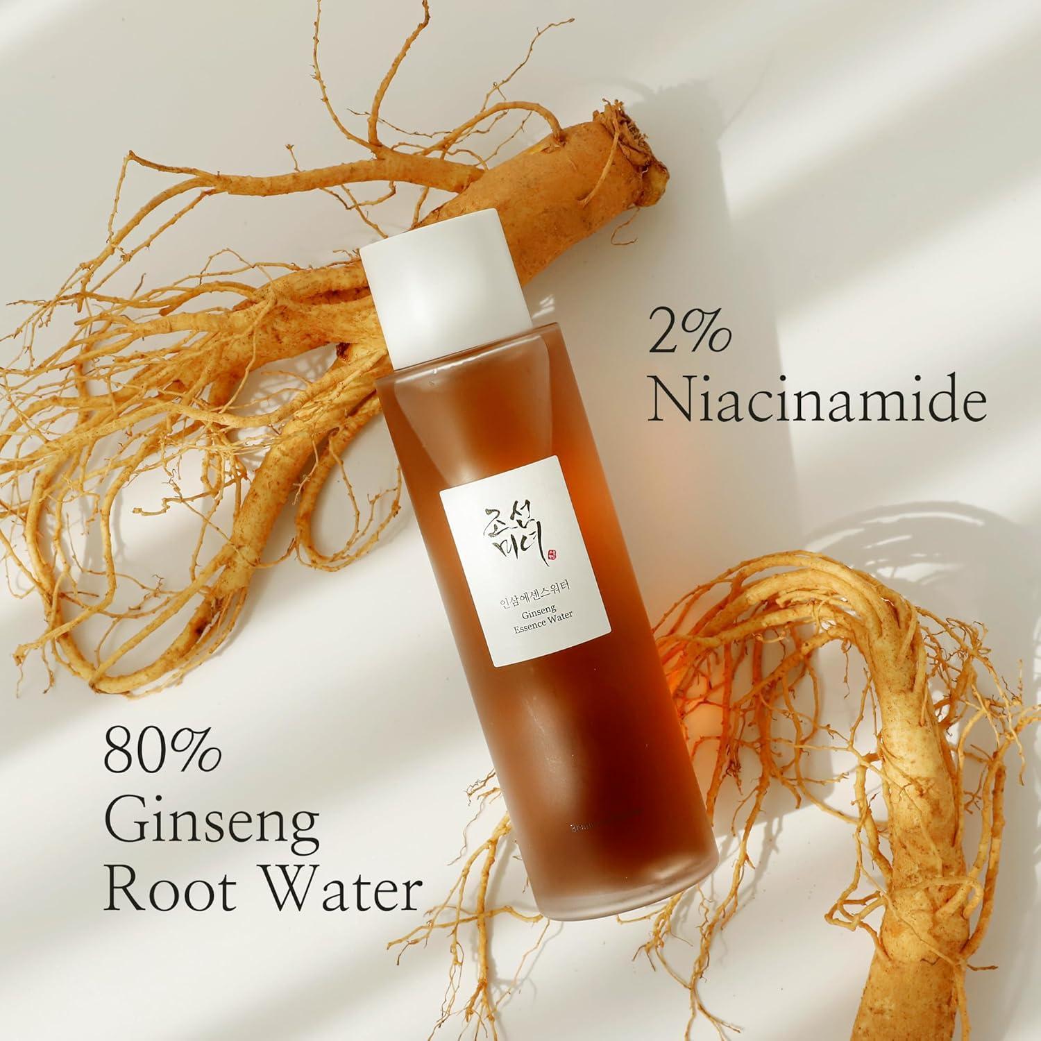 150ml bottle of Beauty of Joseon Ginseng Essence Water, a Korean skincare product with ginseng root extract, up against a flowy white background