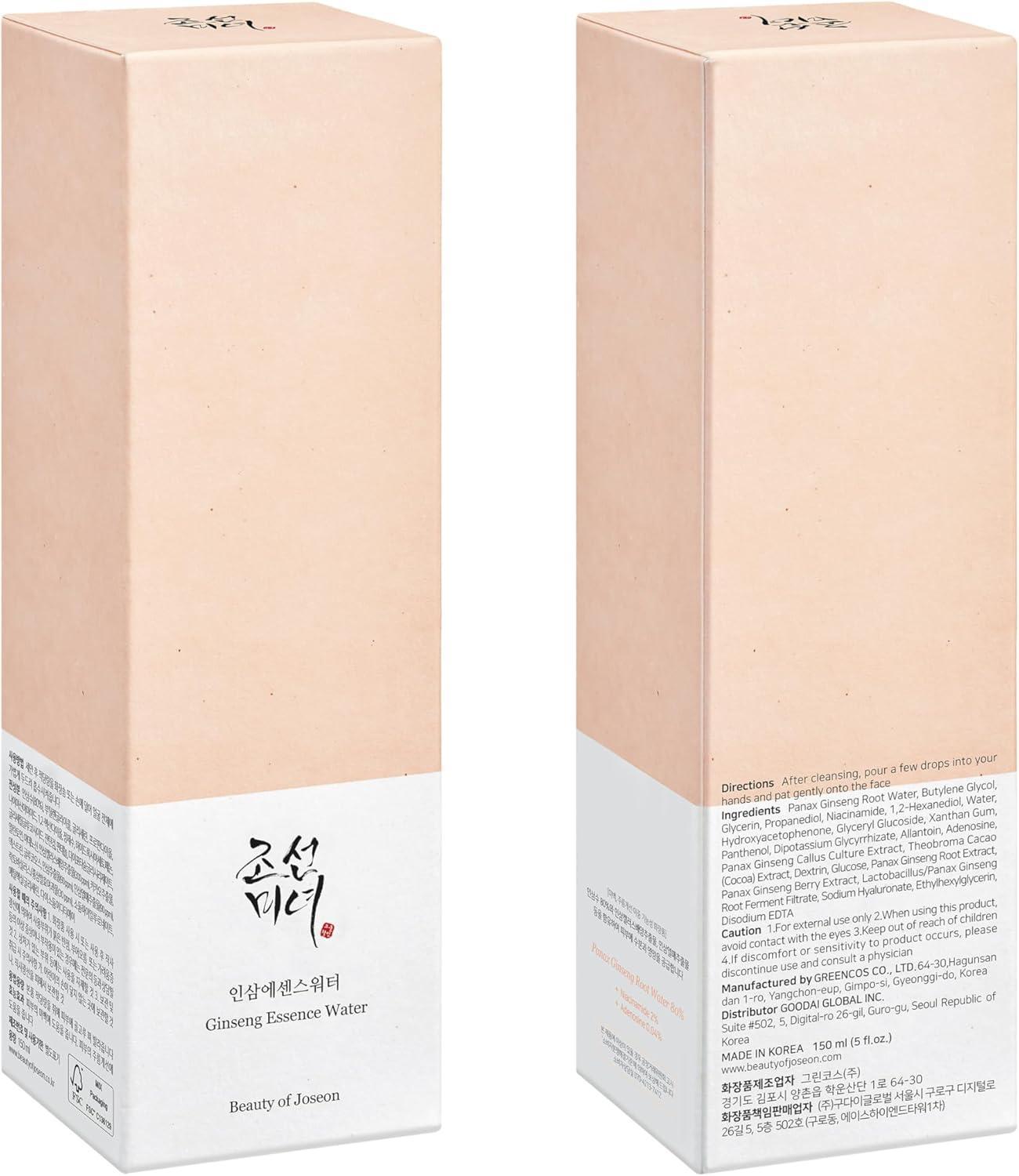 150ml bottle of Beauty of Joseon Ginseng Essence Water, a Korean skincare product with ginseng root extract, up against a flowy white background