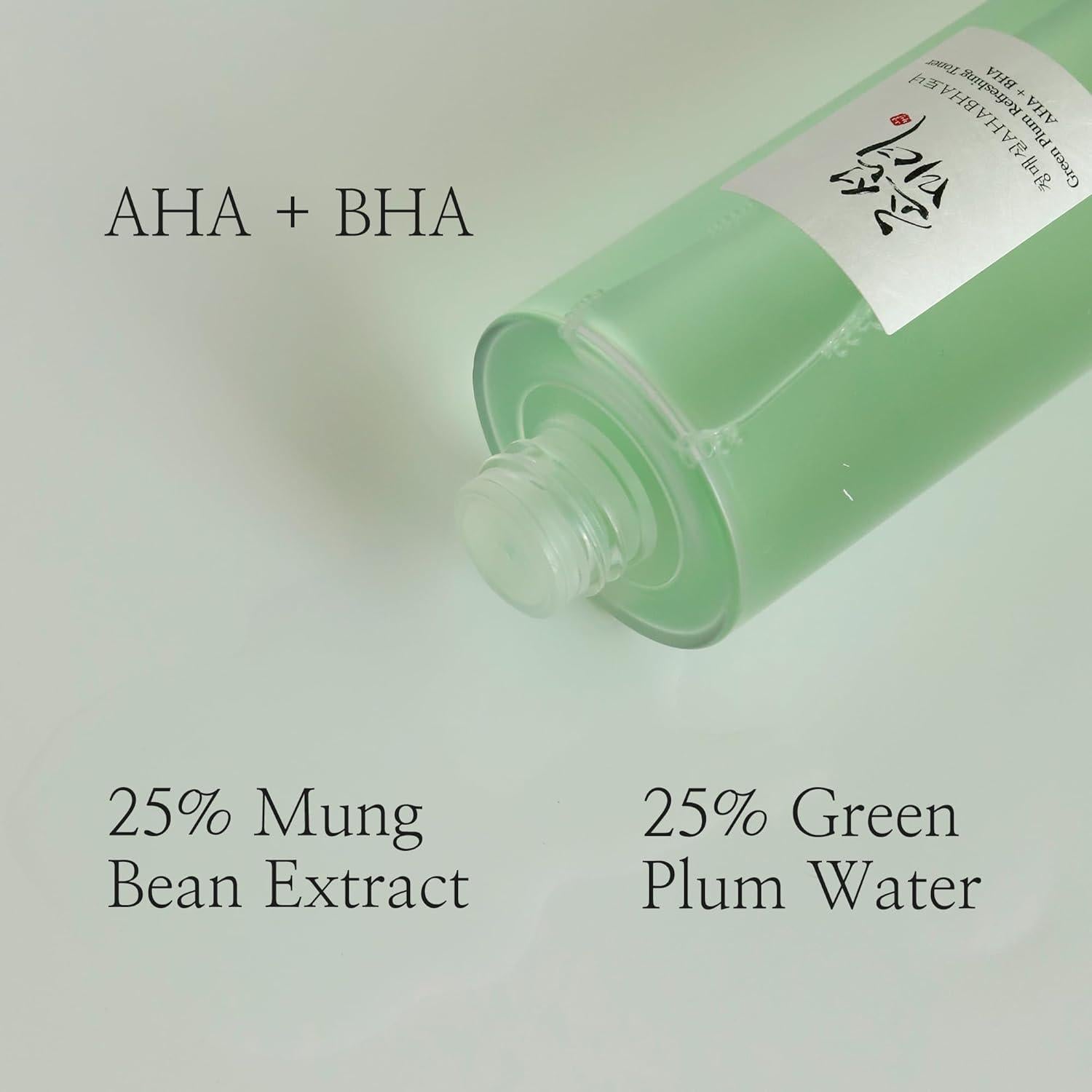 150ml bottle of Beauty of Joseon Green Plum Refreshing Toner: AHA + BHA, a Korean skincare toner with green plum water and AHAs for gentle exfoliation.