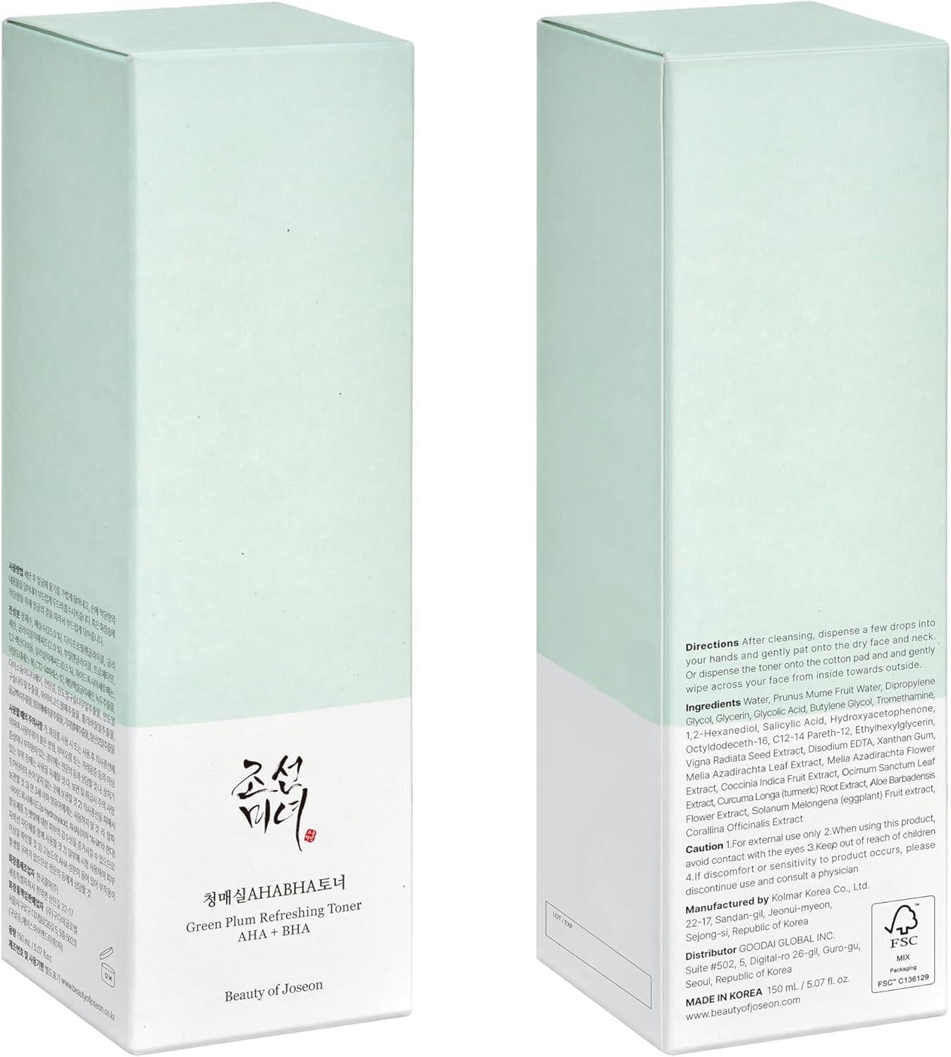 150ml bottle of Beauty of Joseon Green Plum Refreshing Toner: AHA + BHA, a Korean skincare toner with green plum water and AHAs for gentle exfoliation.