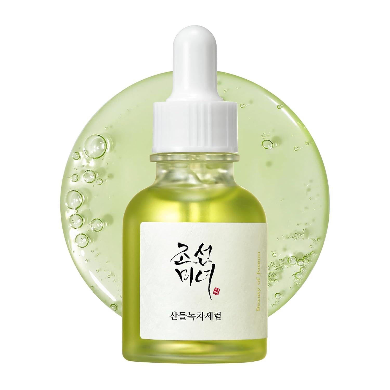 Beauty of Joseon Calming Serum, a lightweight, green tea-based serum for hydrating and soothing irritated skin. Serum is in a small bottle against a flowy white background