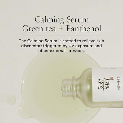 Beauty of Joseon Calming Serum, a lightweight, green tea-based serum for hydrating and soothing irritated skin. Serum is in a small bottle against a flowy white background