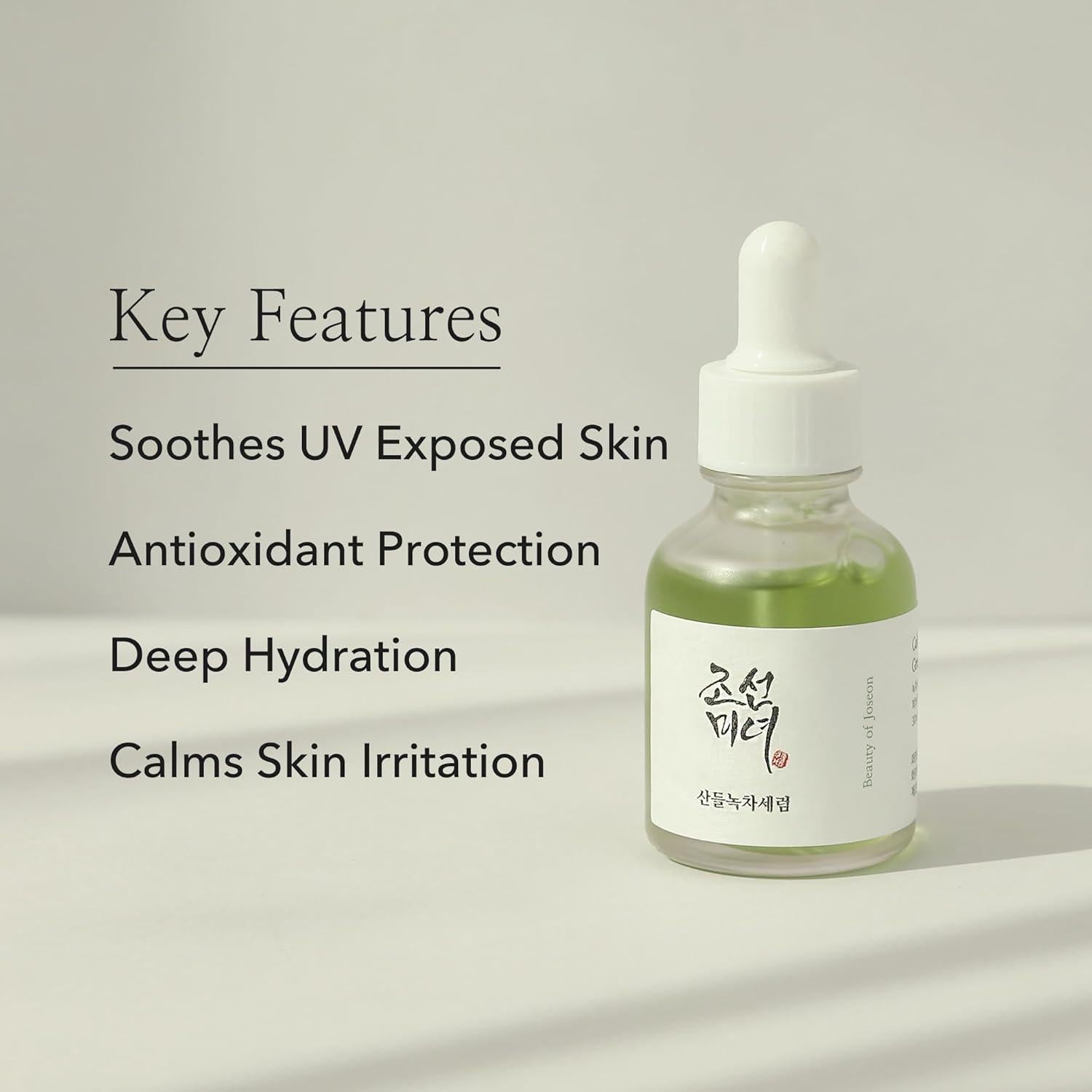 Beauty of Joseon Calming Serum, a lightweight, green tea-based serum for hydrating and soothing irritated skin. Serum is in a small bottle against a flowy white background