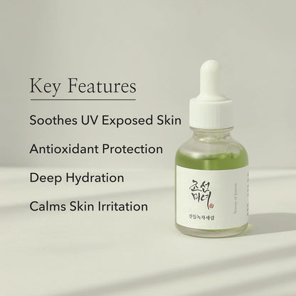 Beauty of Joseon Calming Serum, a lightweight, green tea-based serum for hydrating and soothing irritated skin. Serum is in a small bottle against a flowy white background