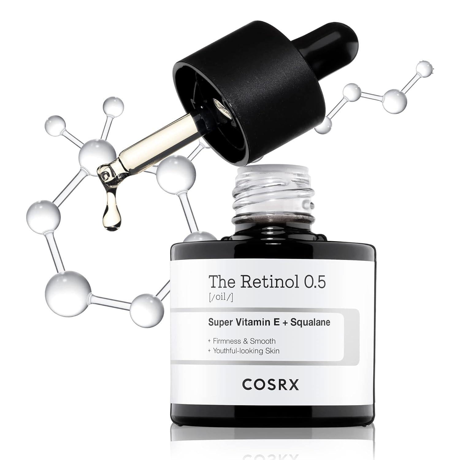 20ml bottle of Cosrx The Retinol 0.5 Oil, a skincare product with retinol to reduce wrinkles and fine lines