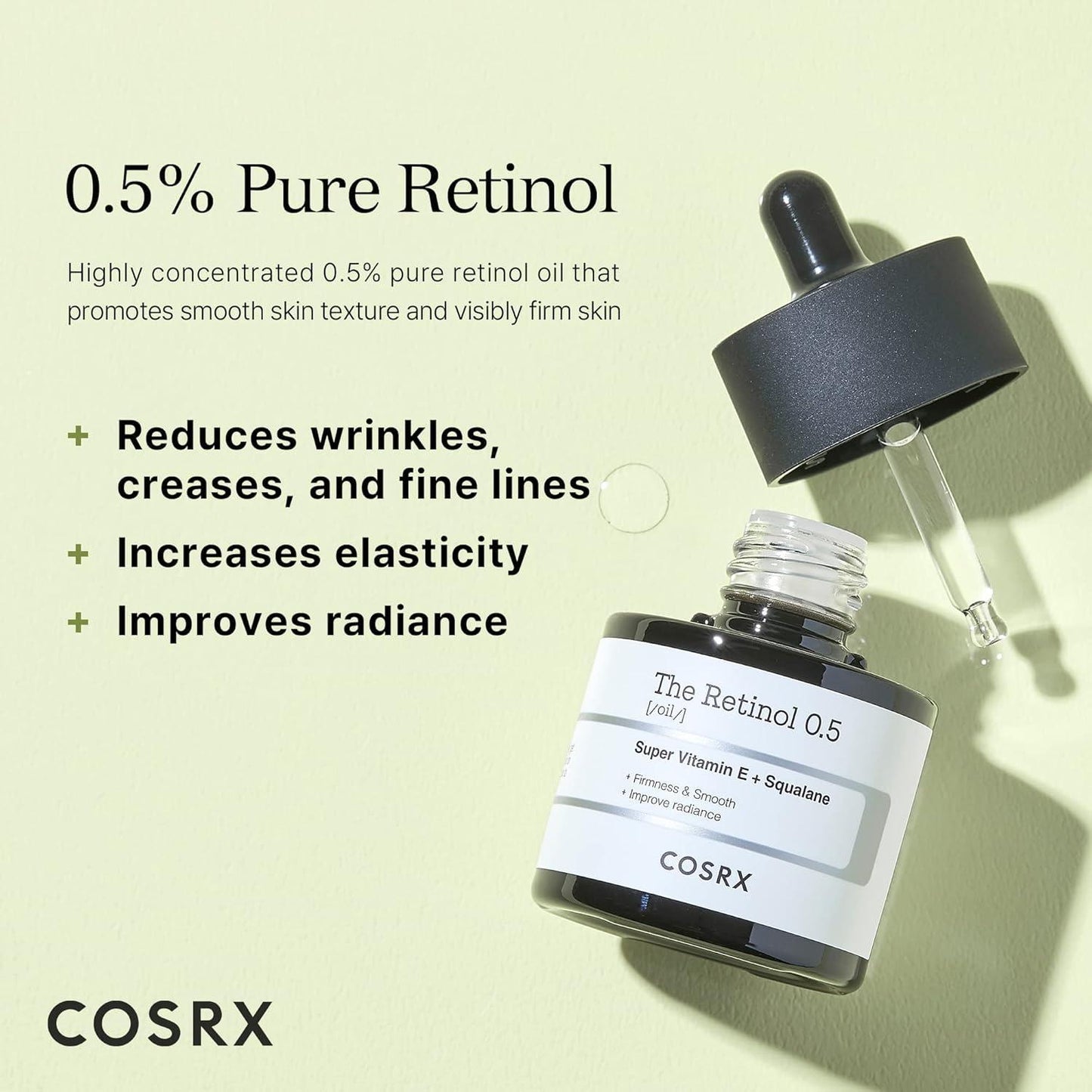 20ml bottle of Cosrx The Retinol 0.5 Oil, a skincare product with retinol to reduce wrinkles and fine lines